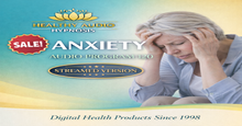 Load image into Gallery viewer, Advertisement for a hypnosis audio program for anxiety with a woman holding her head.