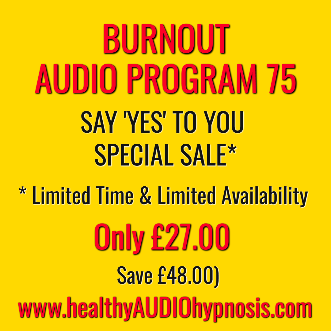 Burnout recovery audio program 75 MP3 download special sale offer text on yellow background