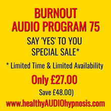 Load image into Gallery viewer, Burnout recovery audio program 75 MP3 download special sale offer text on yellow background