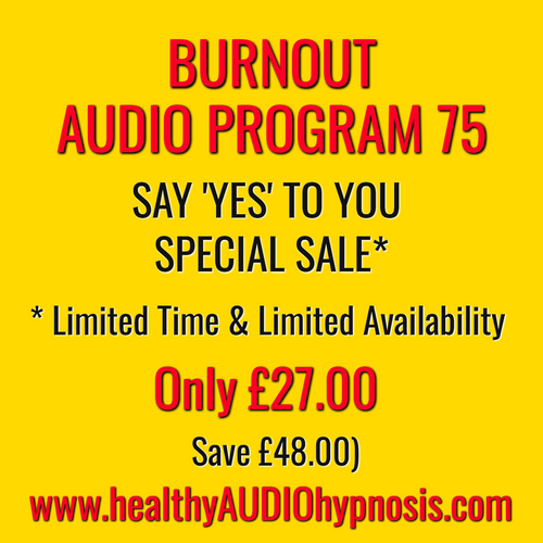 Burnout recovery audio program 75 MP3 download special sale offer text on yellow background