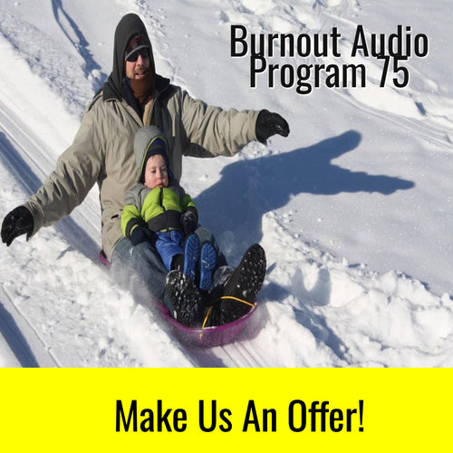 Father and child sledding in snow promoting Burnout Audio Program 75 for burnout recovery.