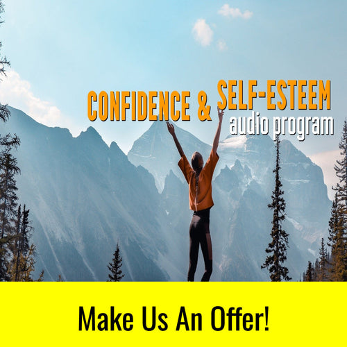 Confident woman with raised arms in mountain landscape promoting Confidence & Self-Esteem audio program