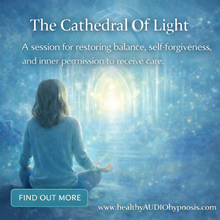 Load image into Gallery viewer, The Cathedral of Light hypnosis guided meditation with warm glowing stained glass and twin candle flames for inner peace and balance