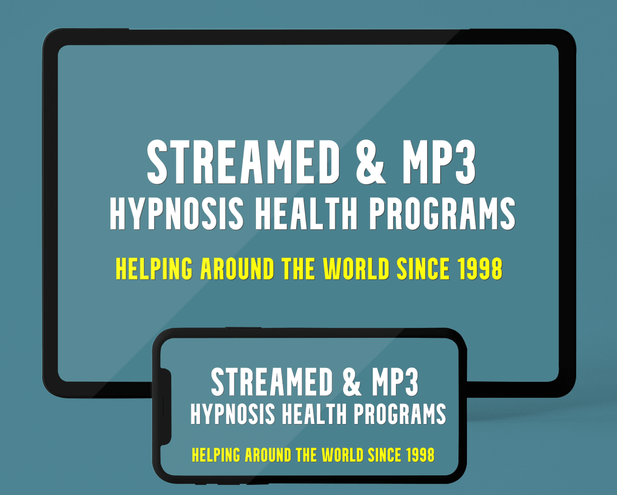 An oblong box with black outline, on a light blue background with the words Streamed and MP3 Hypnosis Health Programs  written in white, with the words Helping around the world since 1998, written in yellow. A Smaller oblong box repeats the same words.