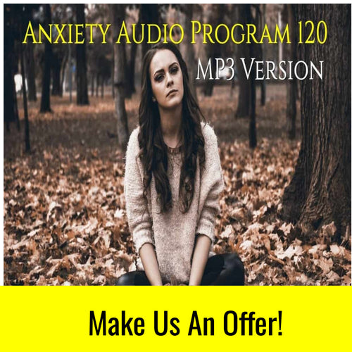Anxiety Relief audio program MP3 version featuring a thoughtful woman sitting in autumn forest for GAD treatment