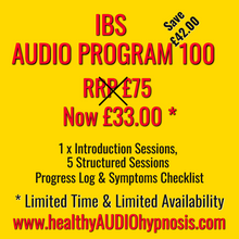 Load image into Gallery viewer, IBS Audio Program 100 MP3 download for irritable bowel syndrome relief with introduction, structured sessions, progress log, and symptoms checklist at discounted price
