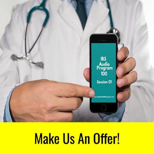 Doctor showing smartphone screen with IBS Audio Program 100 Session 01 for irritable bowel syndrome relief
