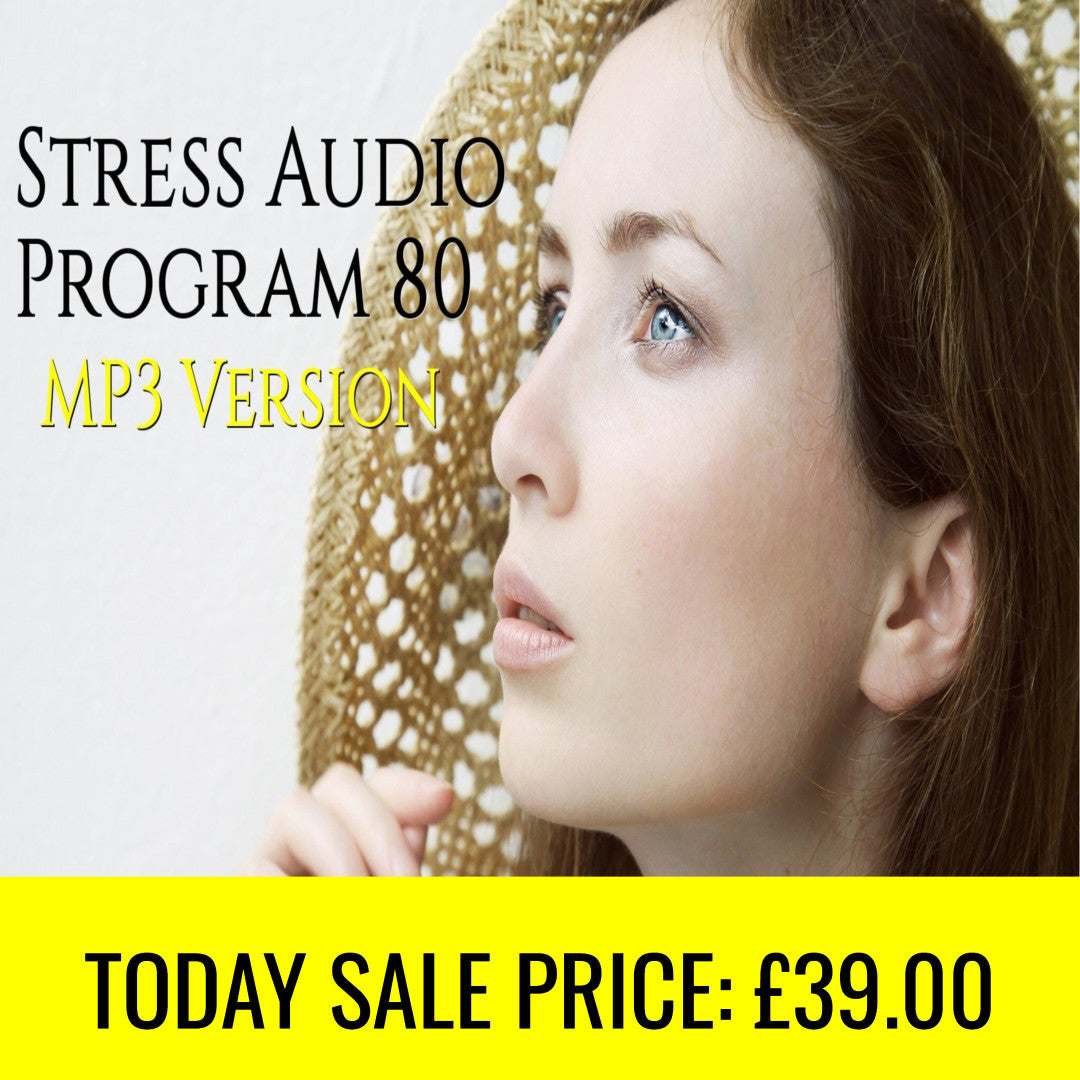 Stress Relief Audio Program 80 MP3 version featuring a thoughtful woman and sale price displayed