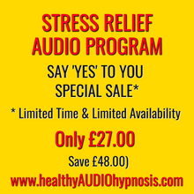 Load image into Gallery viewer, Stress Relief Audio Program special sale advertisement with price and website details on yellow background