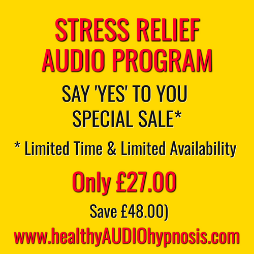 Stress Relief Audio Program special sale advertisement with price and website details on yellow background