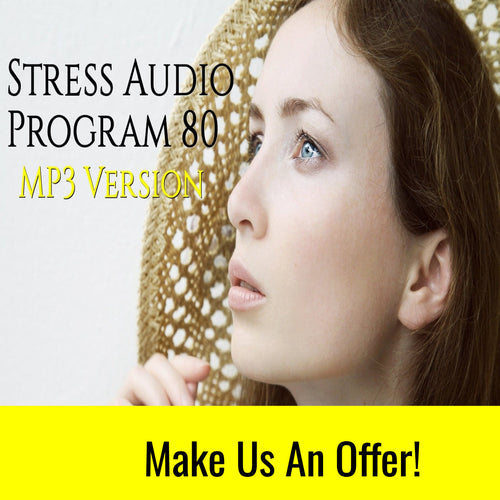 Young woman looking thoughtful promoting Stress Relief Audio Program 80 MP3 version for relaxation and stress management