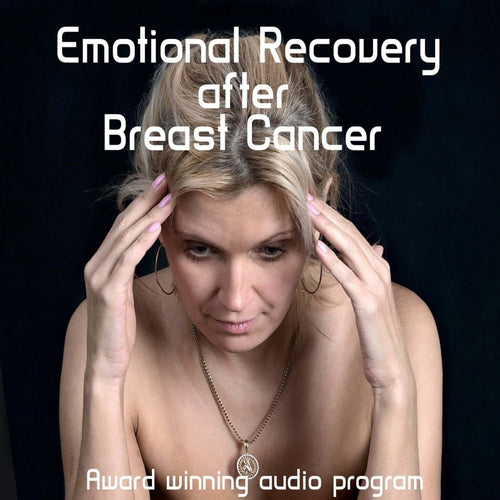 Picture of woman holding head in hands topless - refers to breast cancer audio program