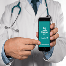 Load image into Gallery viewer, Picture shows a medical doctor holding an app to the camera pointing to the screen which reads IBS Audio Program 100 Session 01 