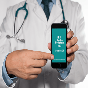 Picture shows a medical doctor holding an app to the camera pointing to the screen which reads IBS Audio Program 100 Session 01 