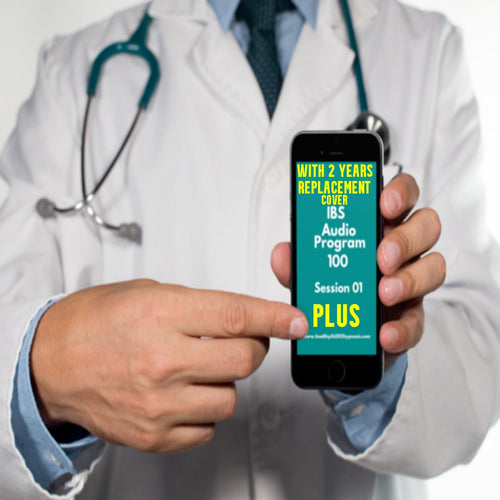 IBS Audio Program 100 Plus   -picture of medical doctor pointing to text on mobile phone which reads with two years replacement cover - IBS  Audio Program 100 Session 01 Plus